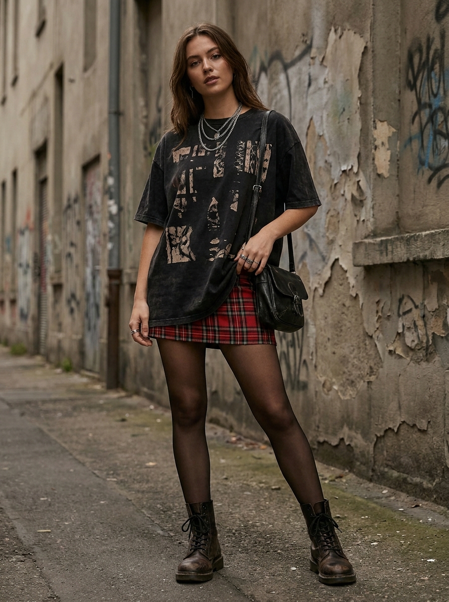 Plaid Mini Skirt With Oversized Band Tee