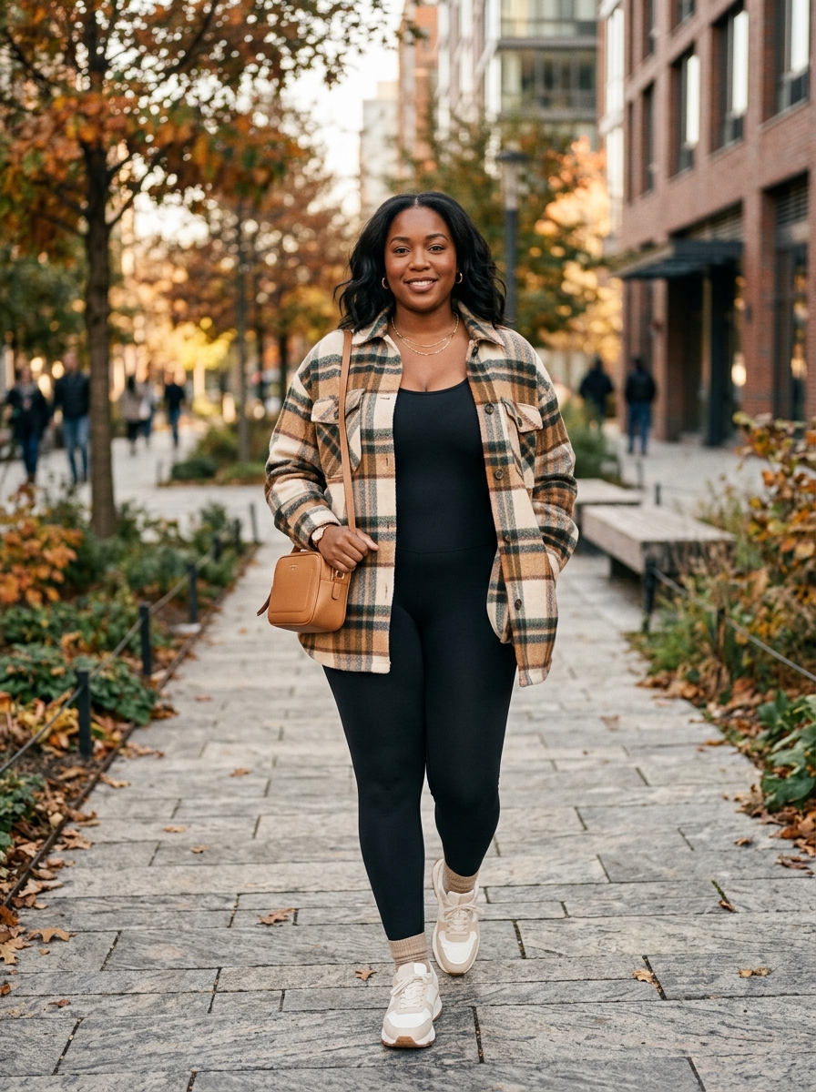Plaid Shacket With Catsuit and Chunky Sneakers
