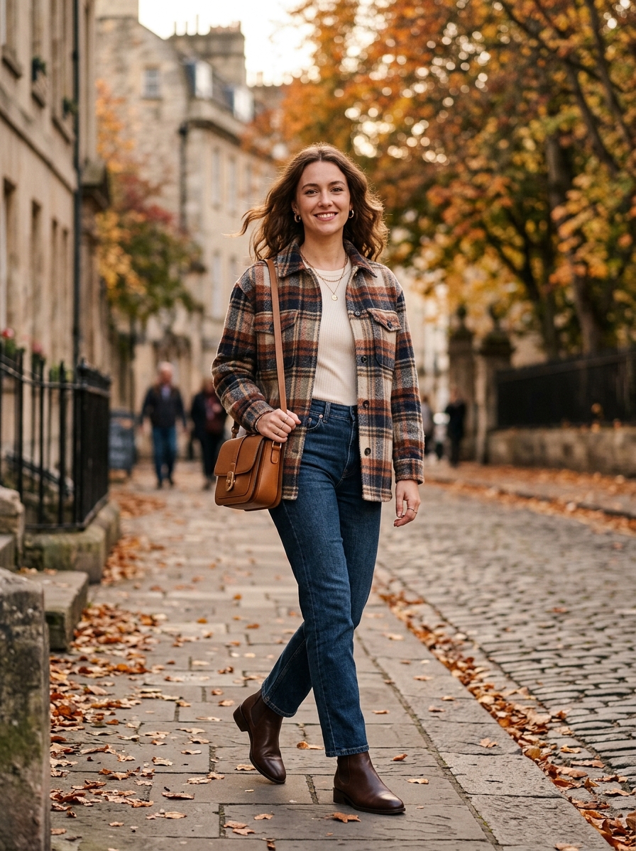 Plaid Shacket With Dark Jeans and Ankle Boots