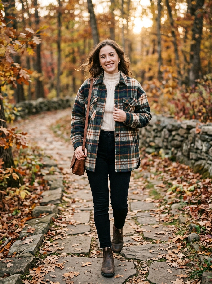 Plaid Shacket With Knit Top and Black Jeans