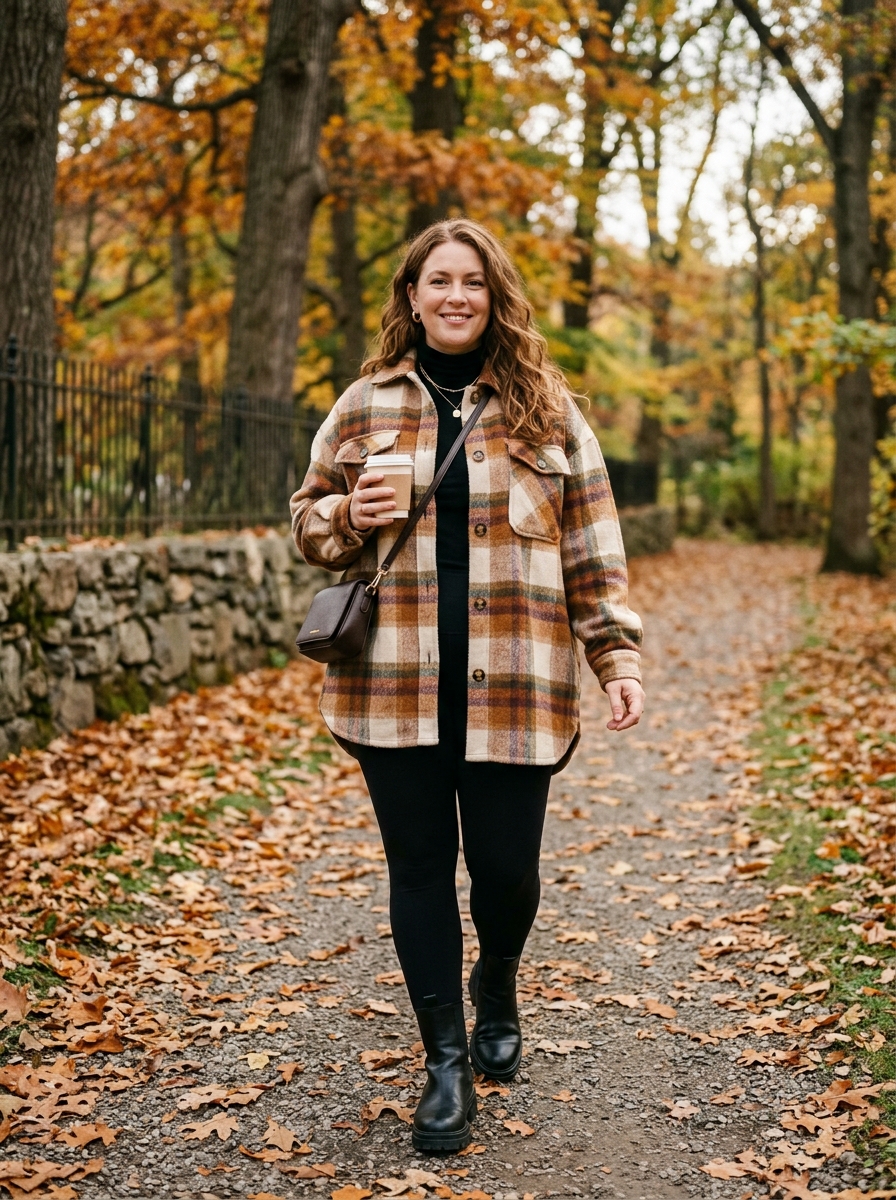 Plaid Shacket With Leggings and Lug Boots