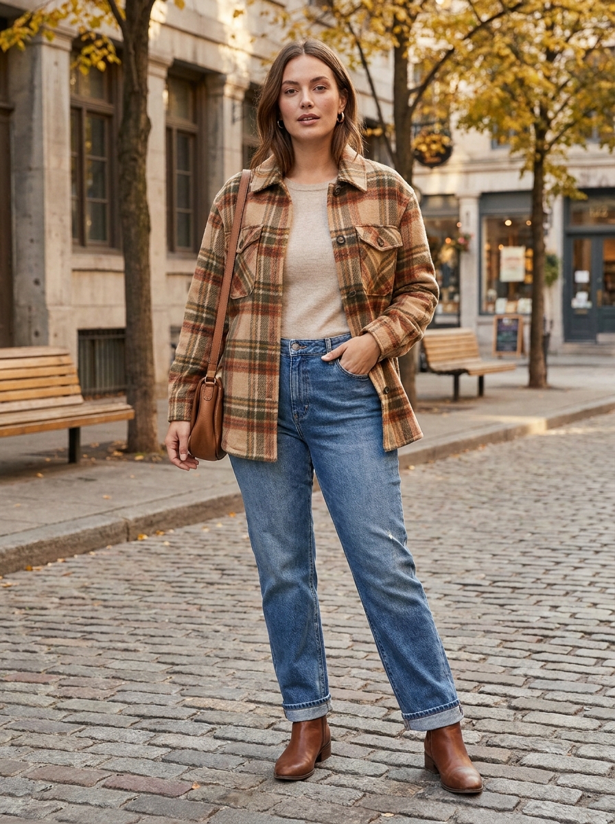 Plaid Shacket With Relaxed Jeans