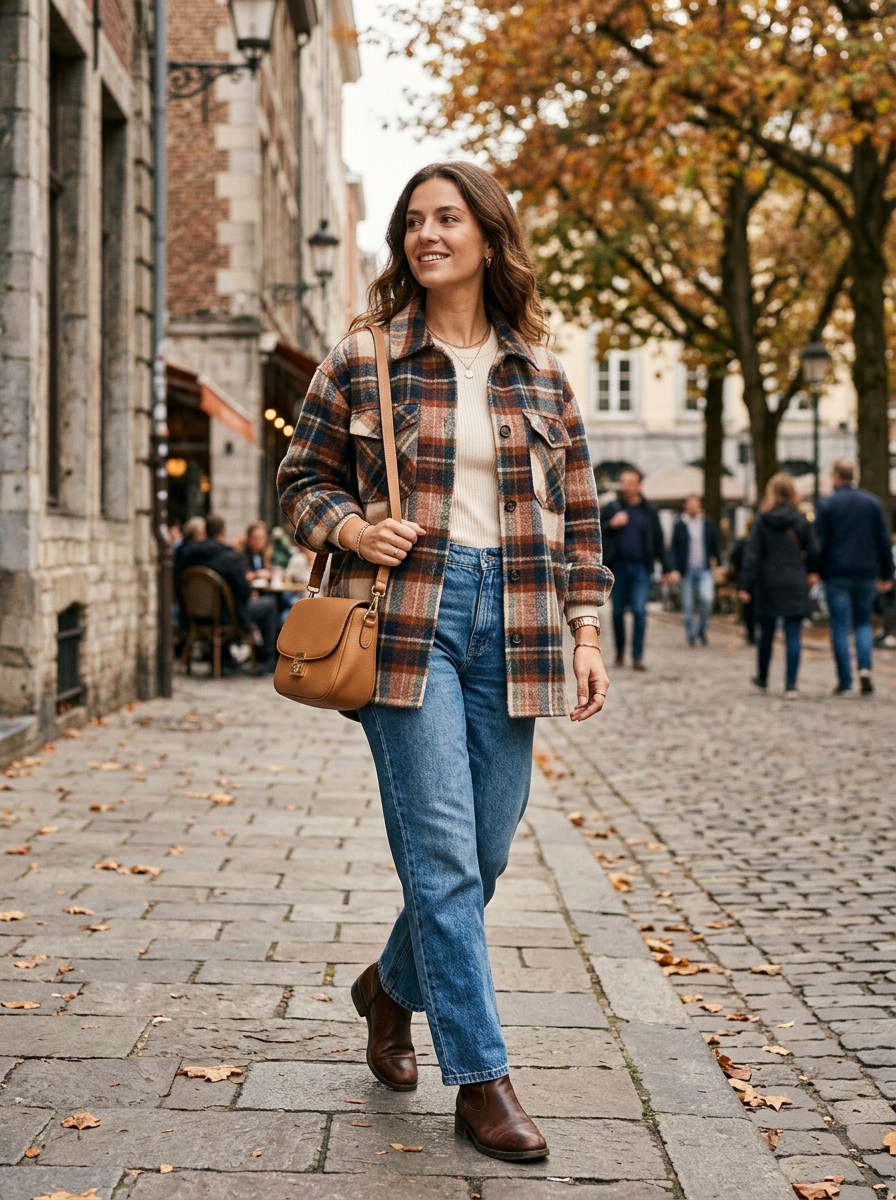 Plaid Shacket With Ribbed Top and Relaxed Jeans