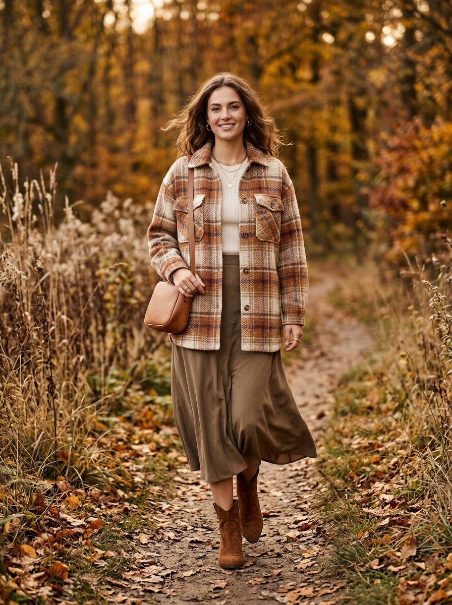 Plaid Shacket With a Flowy Midi Skirt