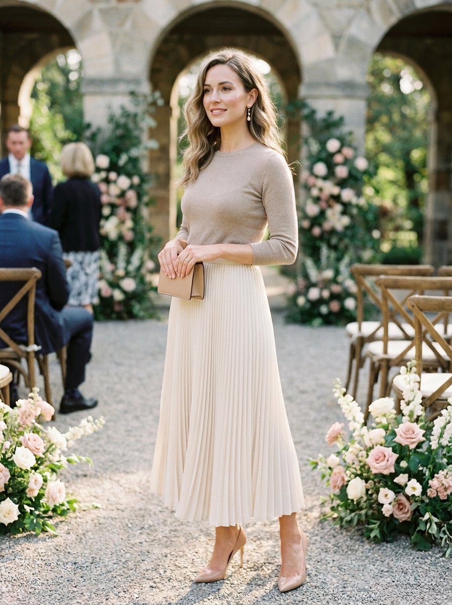 Pleated Midi Skirt With Fitted Knit Top