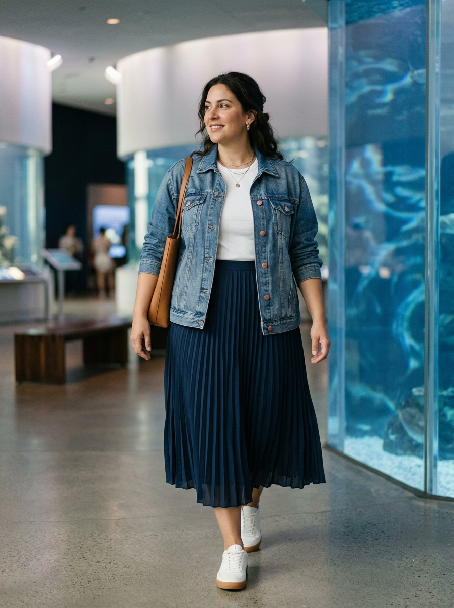 Pleated Midi Skirt With a Denim Jacket