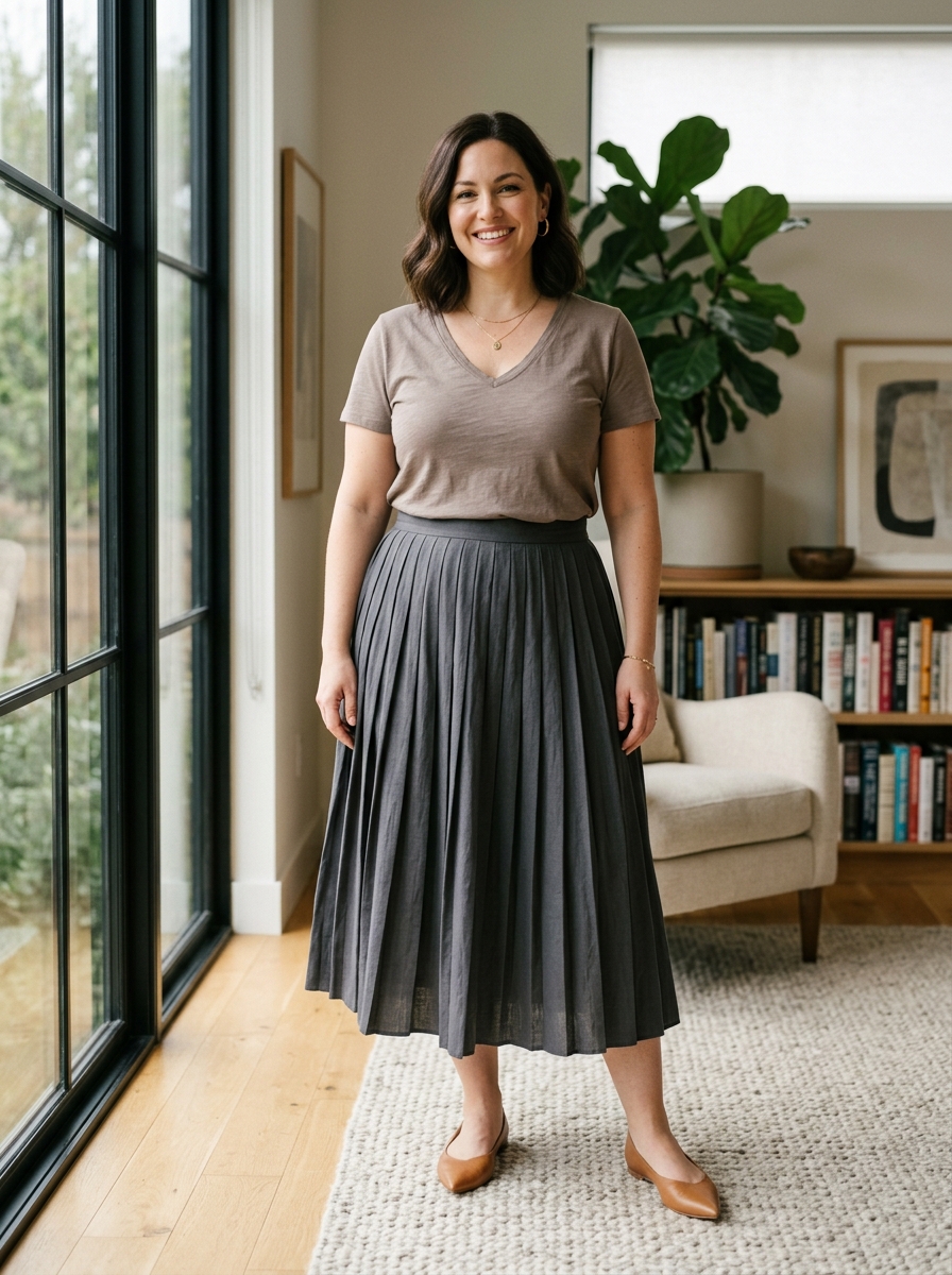 Pleated Midi Skirt With a Fitted V-Neck Tee