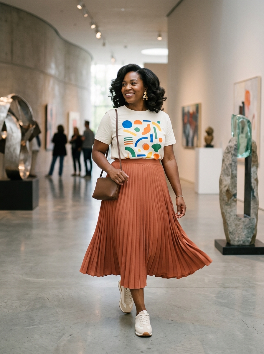 Pleated Midi Skirt With a Graphic T-Shirt