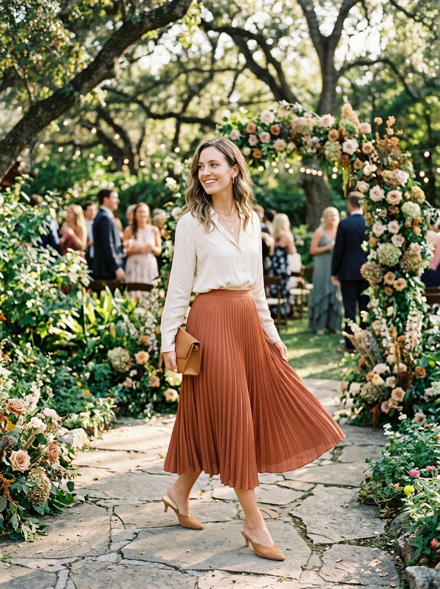 Pleated Midi Skirt With a Soft Blouse