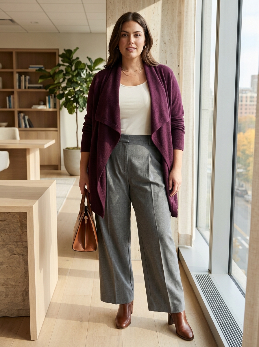 Plum Cardigan With Gray Pleated Pants