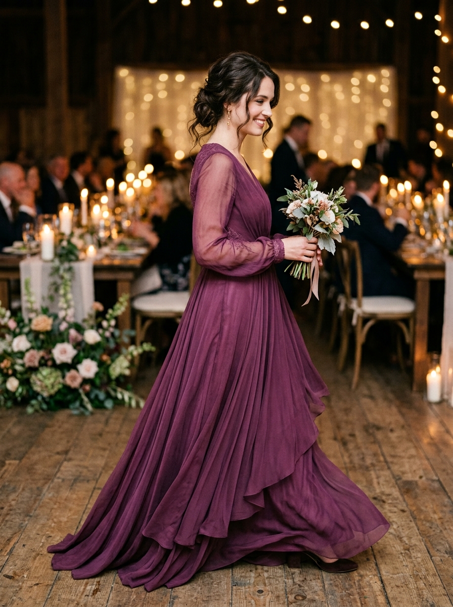Plum Chiffon Gown With Sheer Sleeves