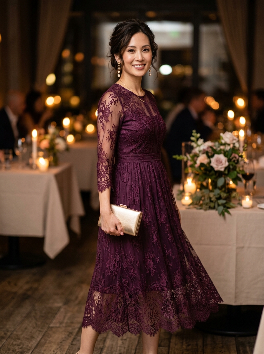 Plum Lace Midi Dress With Sheer Sleeves