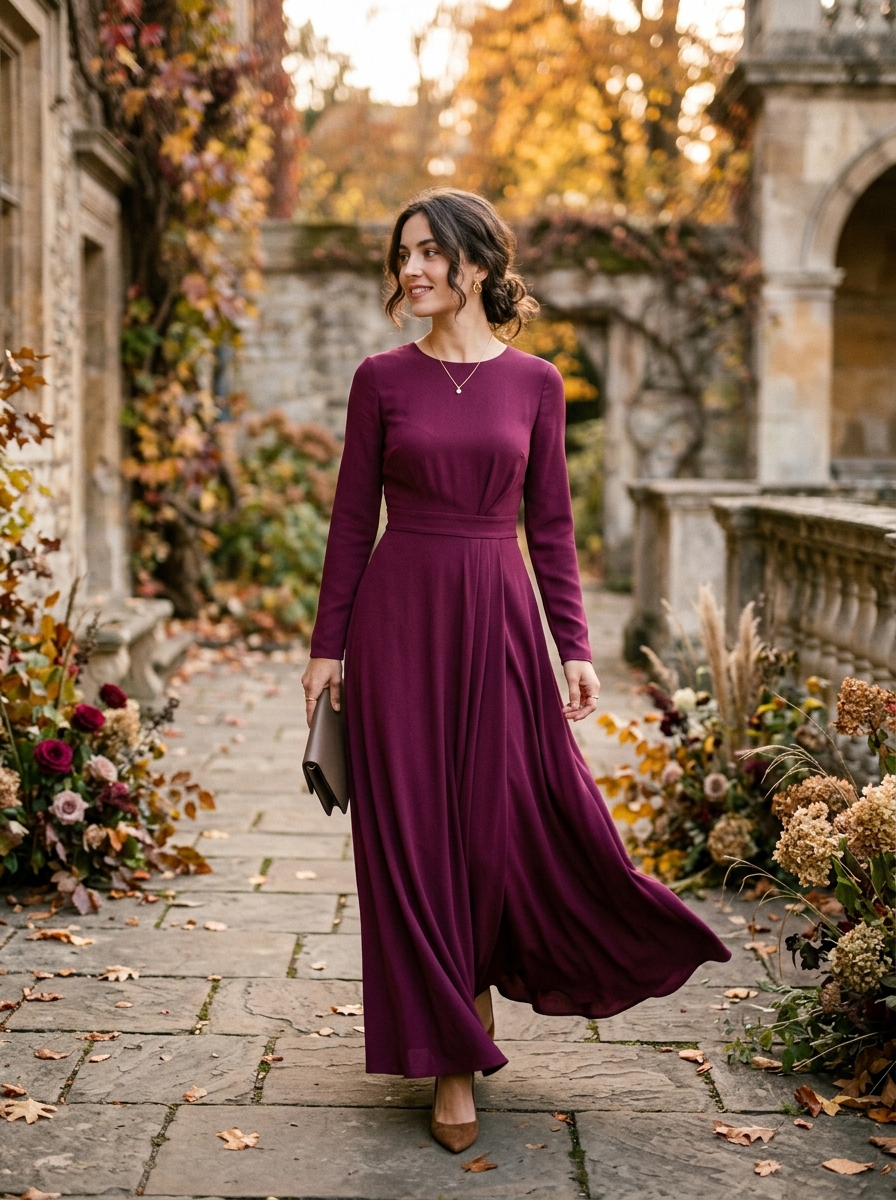 Plum Long-Sleeve Maxi Dress