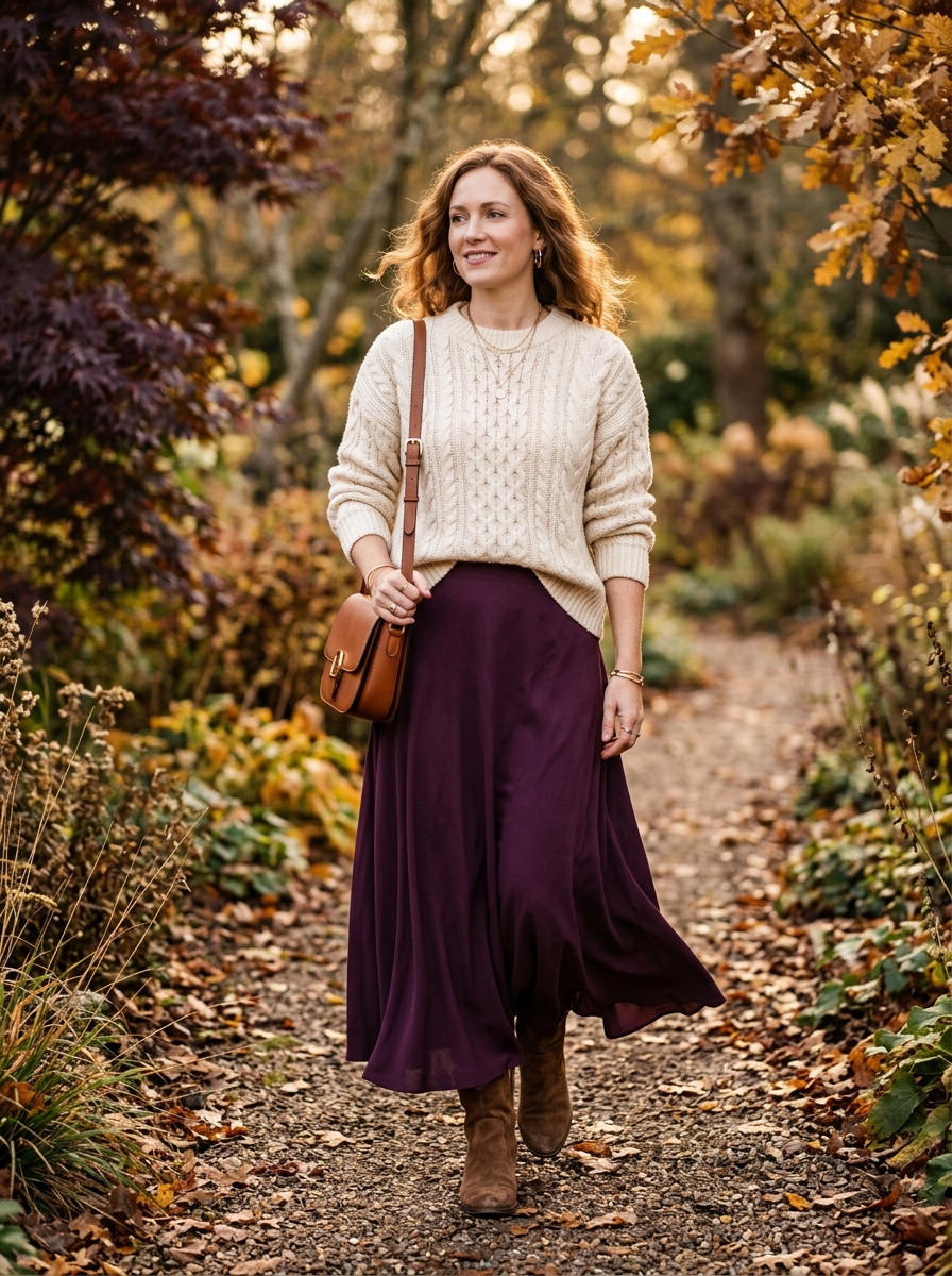 Plum Maxi Skirt With a Cream Cable-Knit Sweater