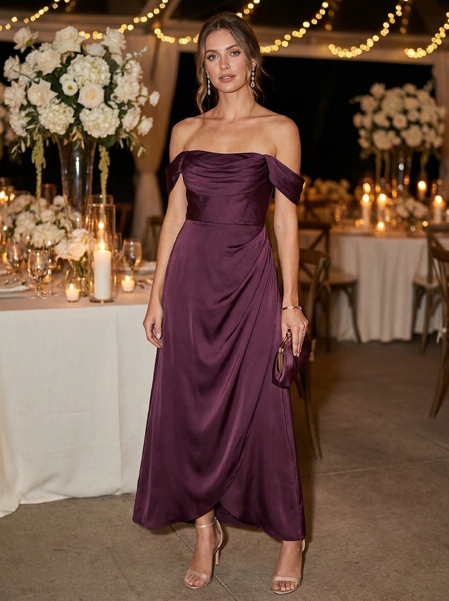 Plum Off-Shoulder Maxi Dress With Soft Draping