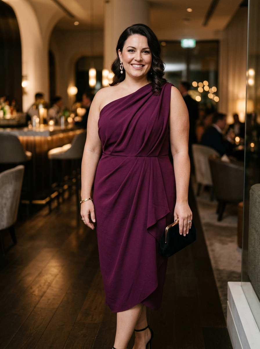Plum One-Shoulder Draped Dress