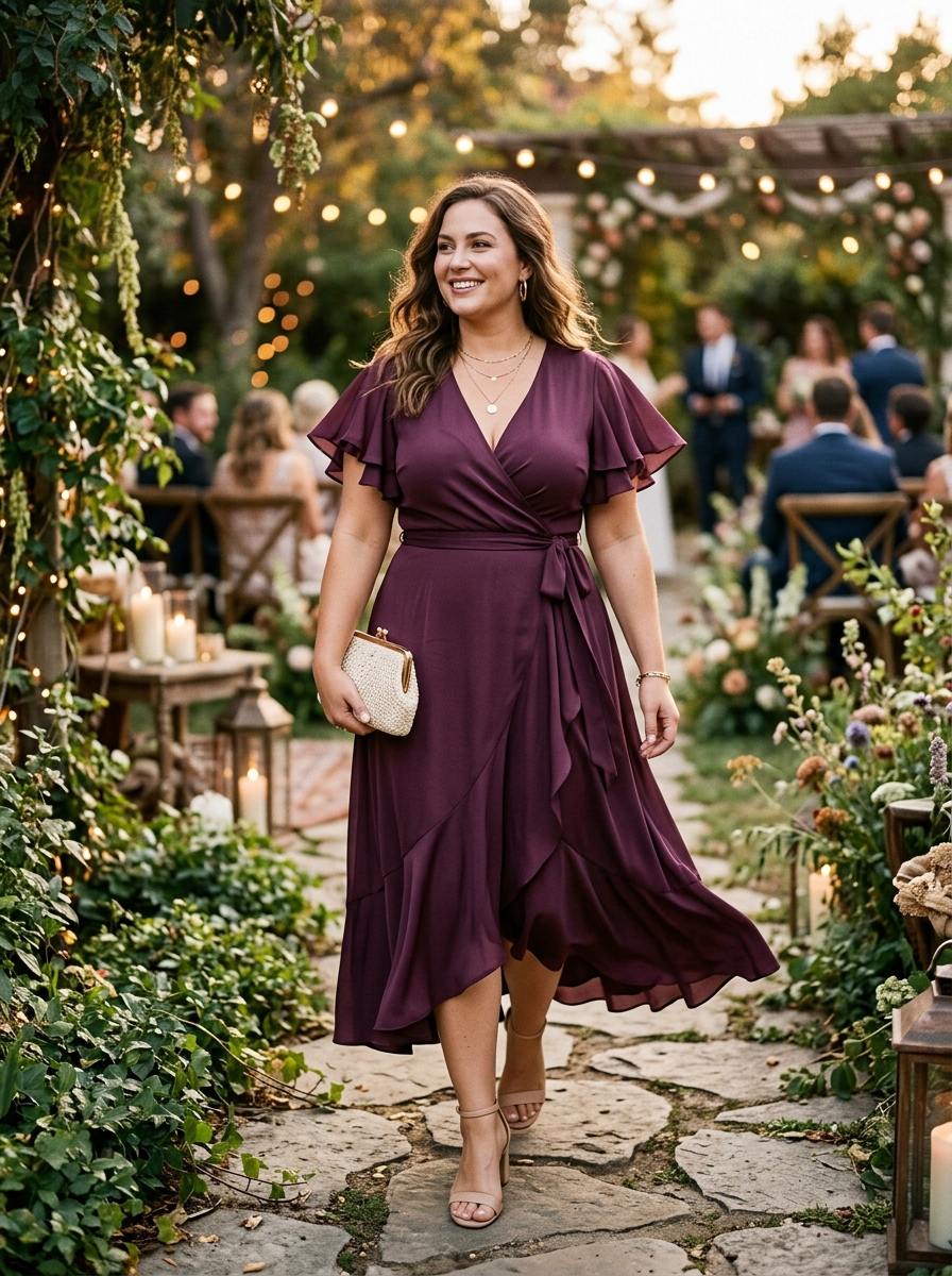 Plum Ruffle-Sleeve Wrap Dress