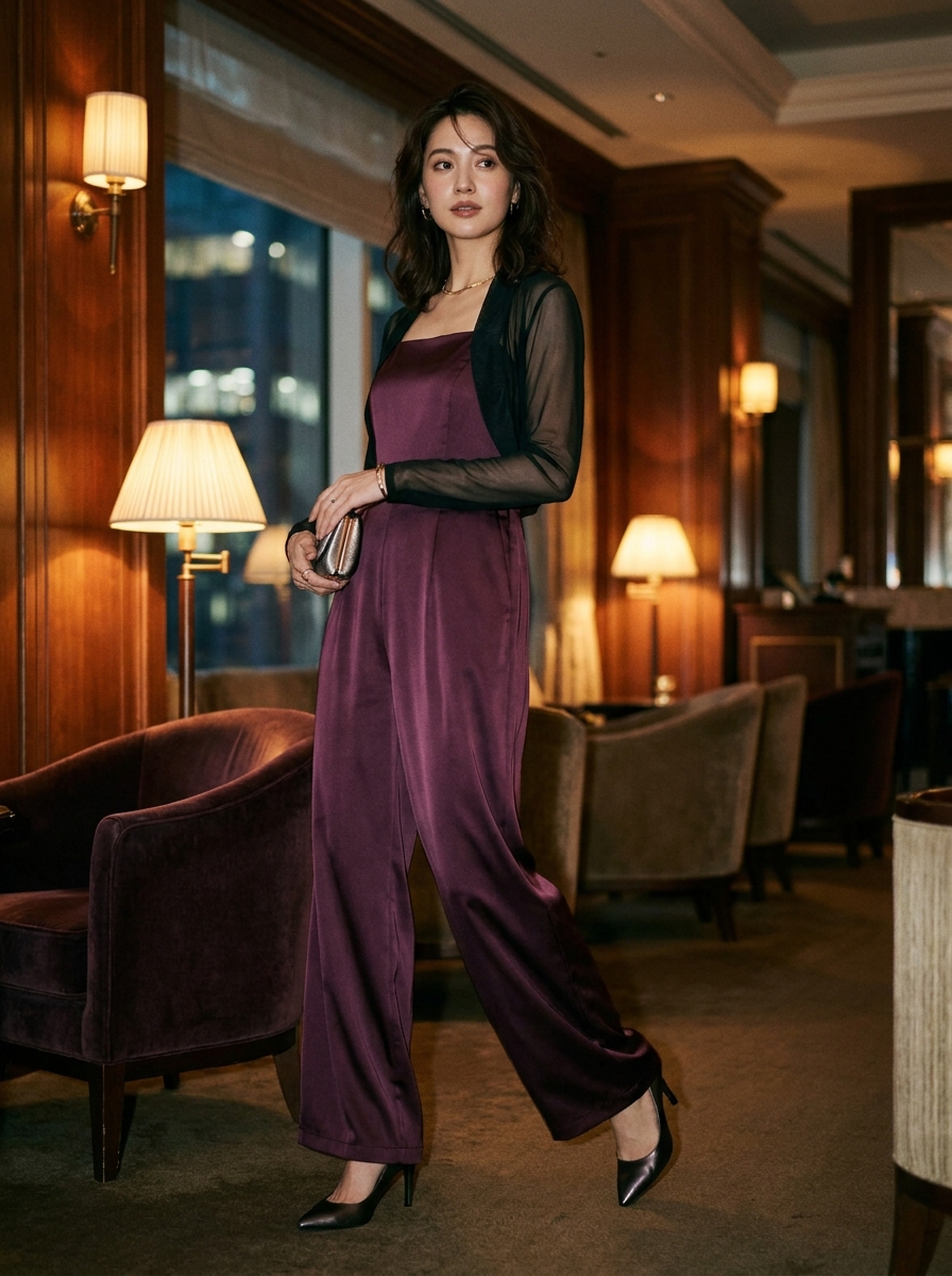 Plum Satin Jumpsuit With Sheer Bolero