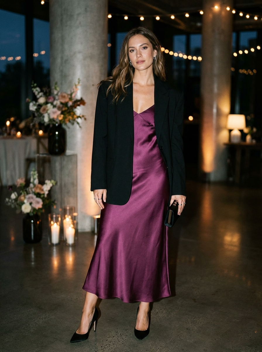 Plum Slip Dress With an Oversized Blazer