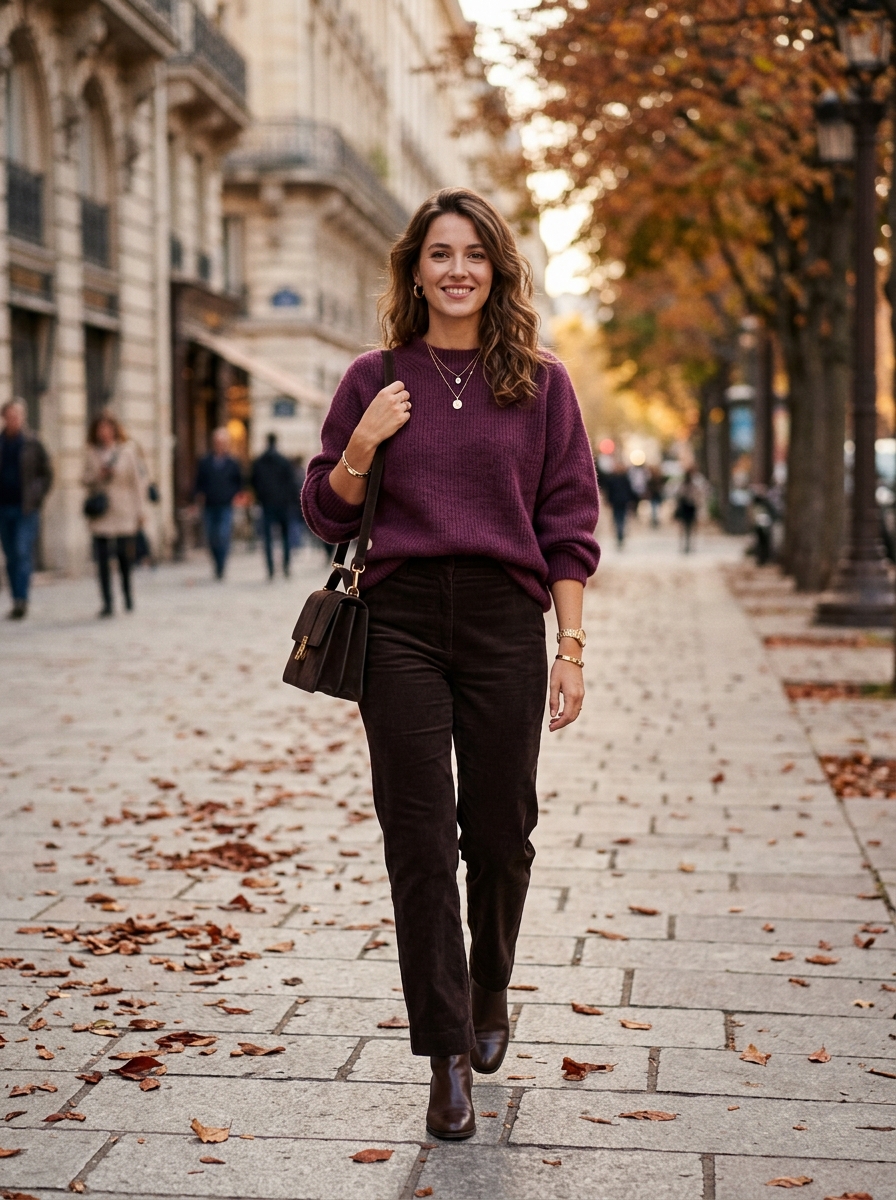Plum Sweater With Dark Corduroy Pants
