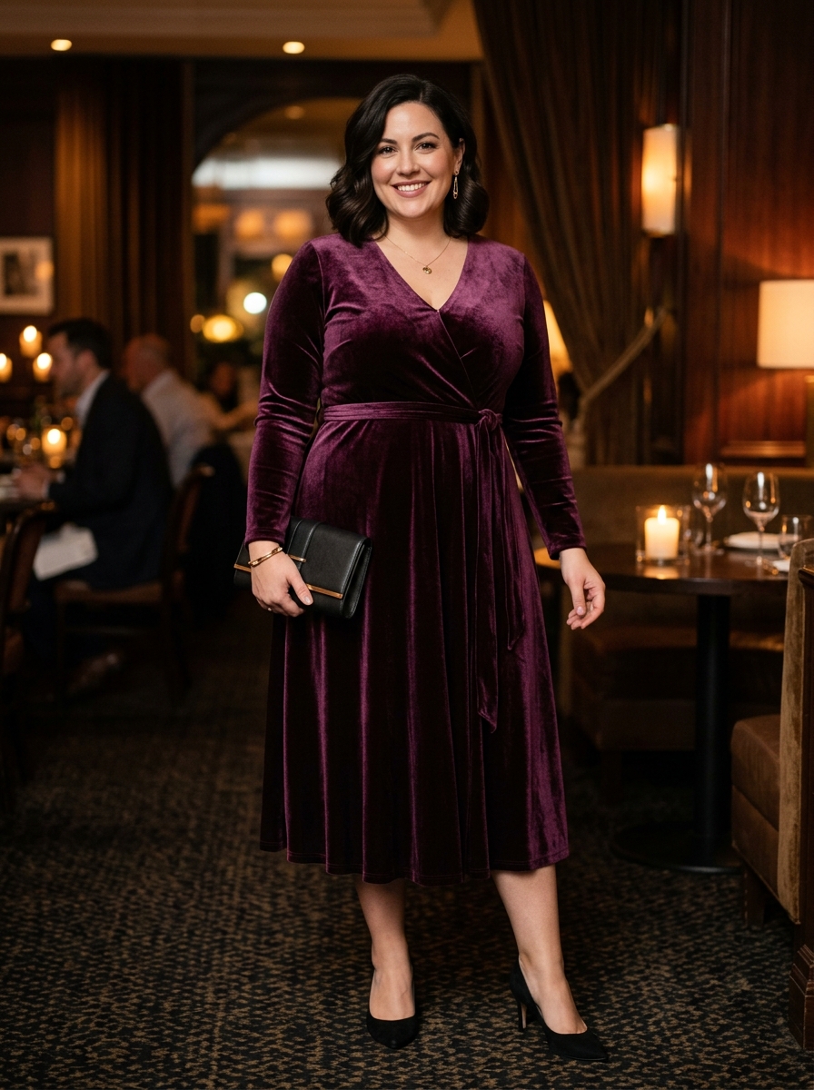 Plum Velvet Dress With Soft Long Sleeves