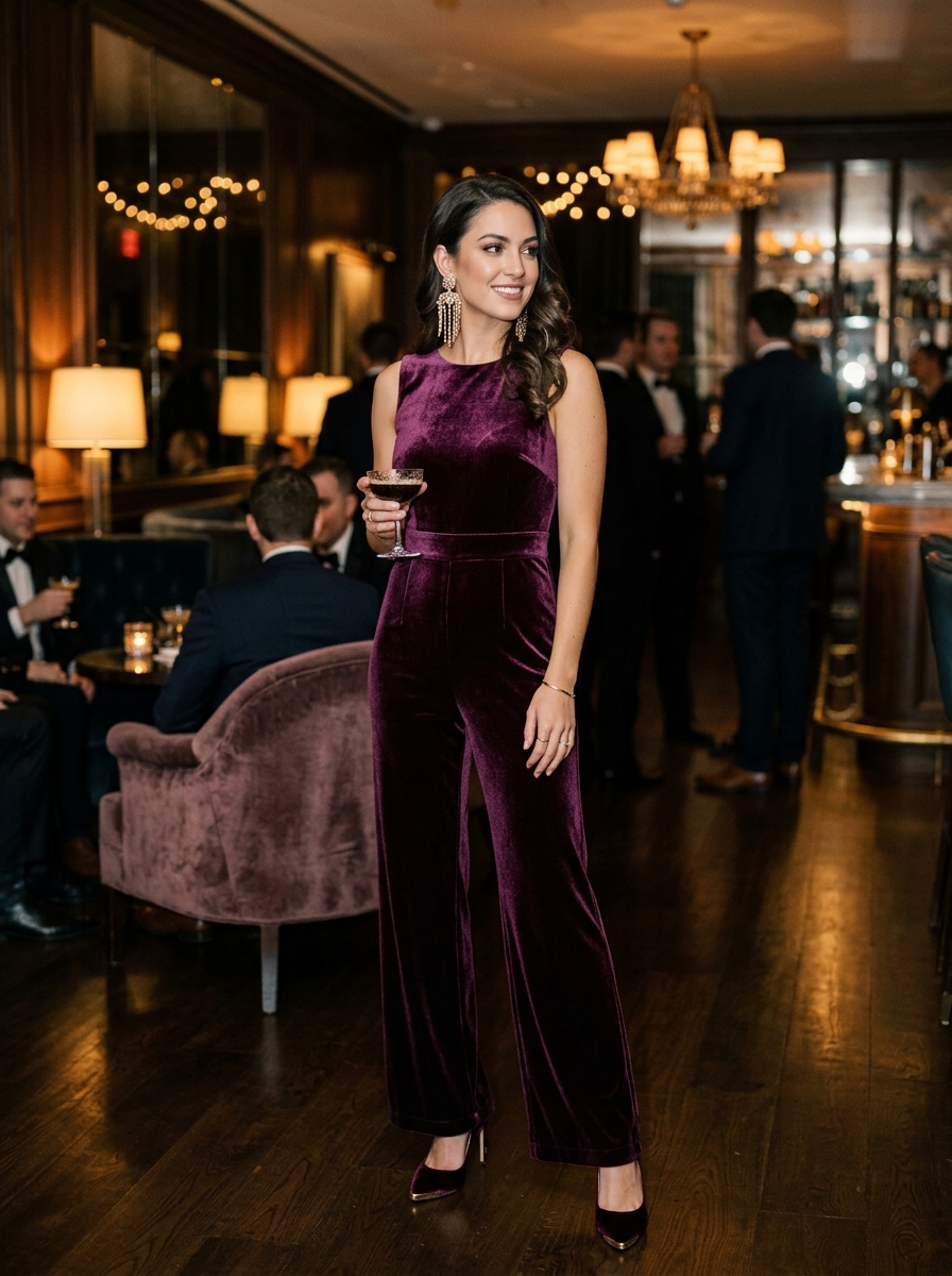 Plum Velvet Jumpsuit With Statement Earrings