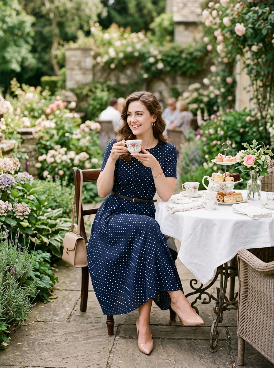 Polka Dot Midi Dress With a Belted Waist