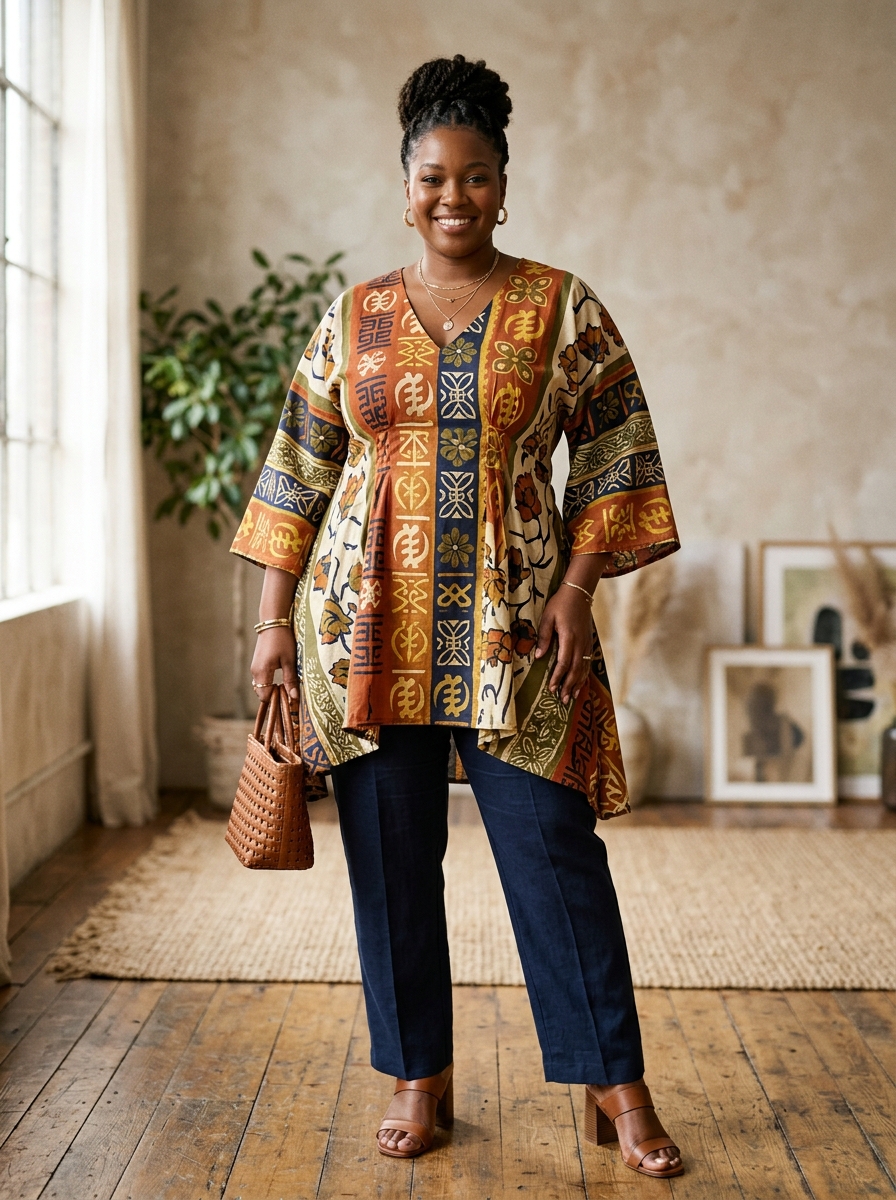 Print-Mixed Tunic With Straight-Leg Pants