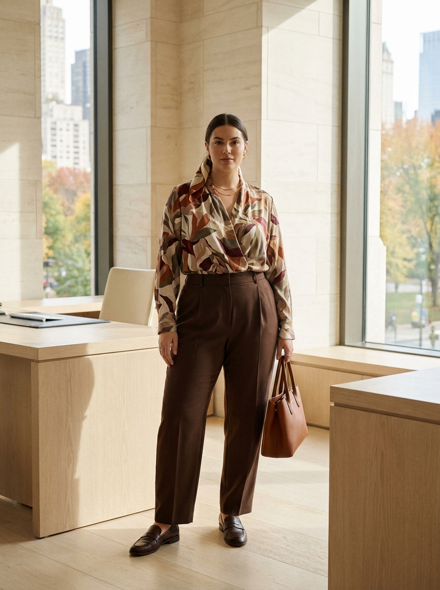 Printed Blouse With Chocolate Brown Trousers