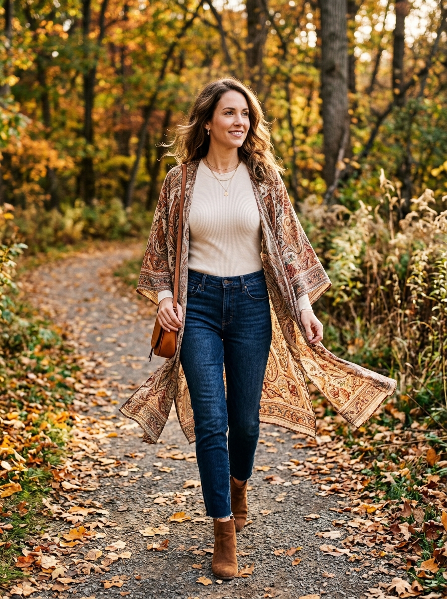Printed Kimono With a Ribbed Top and Jeans
