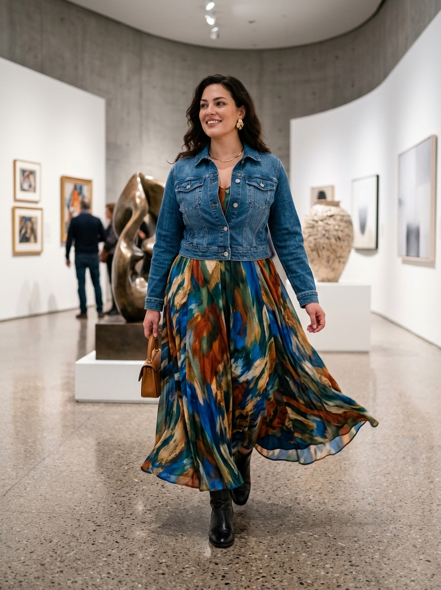Printed Maxi Dress With a Cropped Denim Jacket