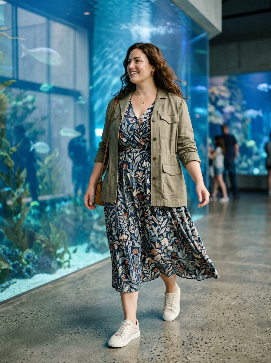 Printed Midi Dress With a Lightweight Utility Jacket