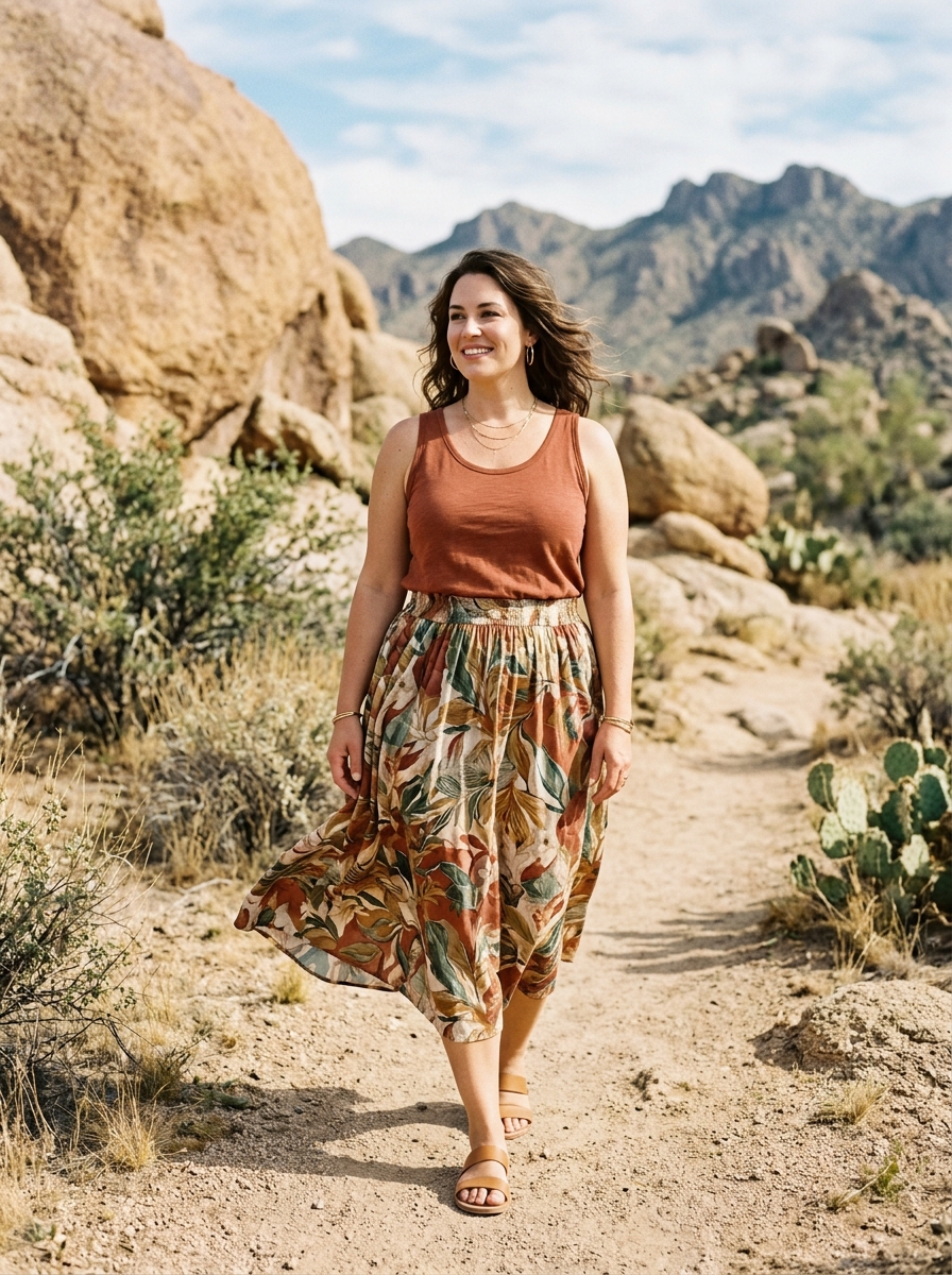 Printed Midi Skirt With A Simple Cotton Tank