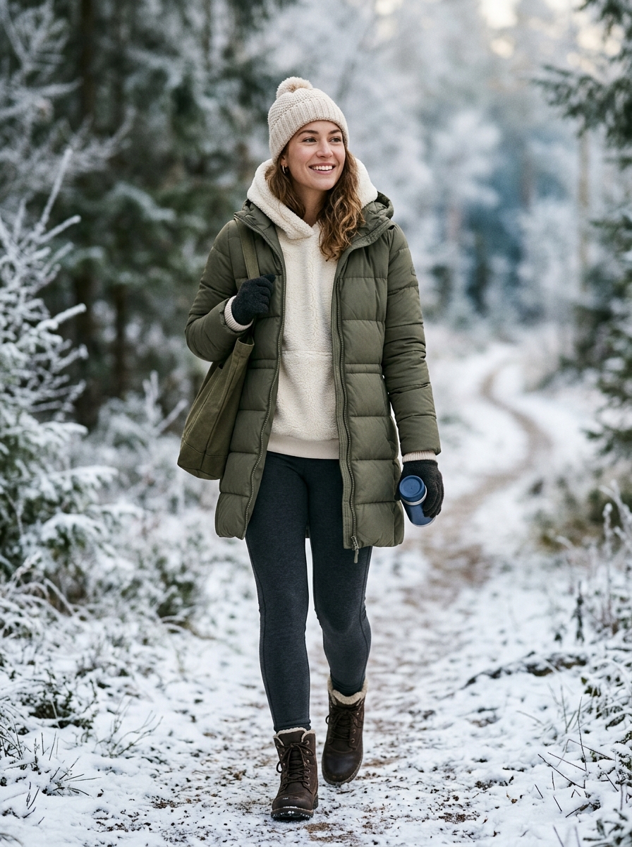 Puffer Coat With Hoodie and Fleece-Lined Leggings