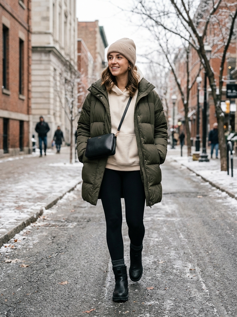 Puffer Coat With Hoodie and Leggings