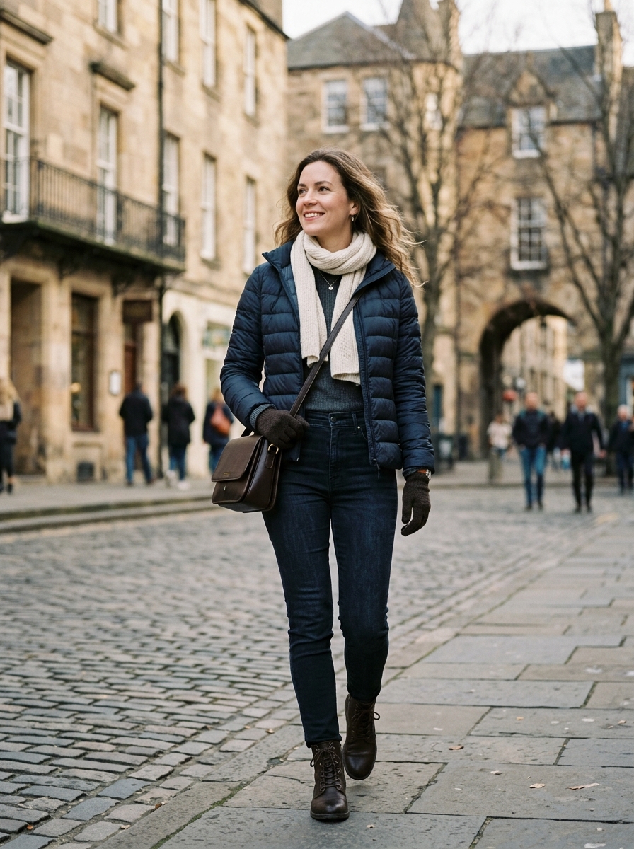 Puffer Jacket With Thermal Top and Jeans