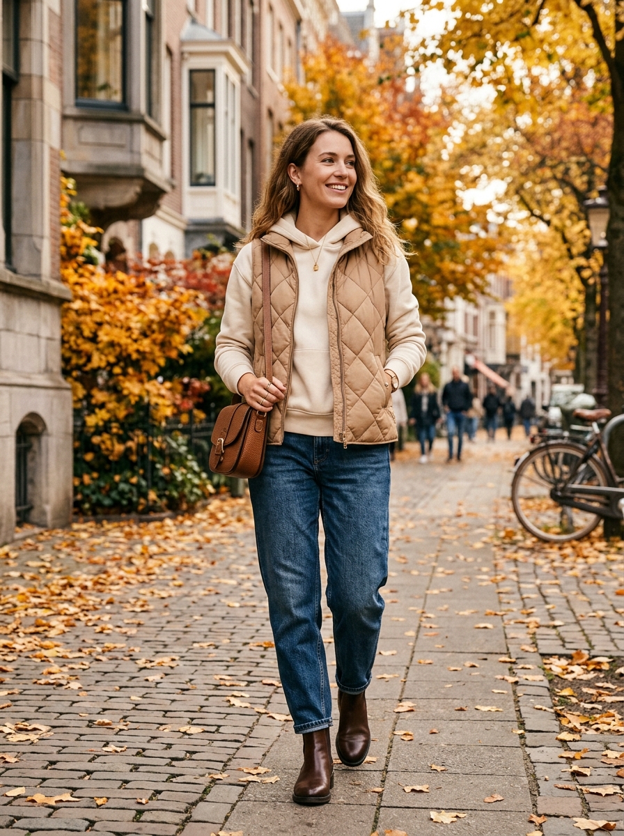 Puffer Vest With Hoodie And Relaxed Jeans