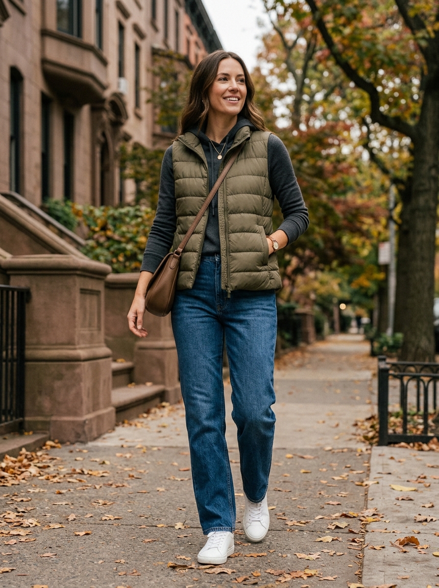 Puffer Vest With Hoodie and Relaxed Jeans