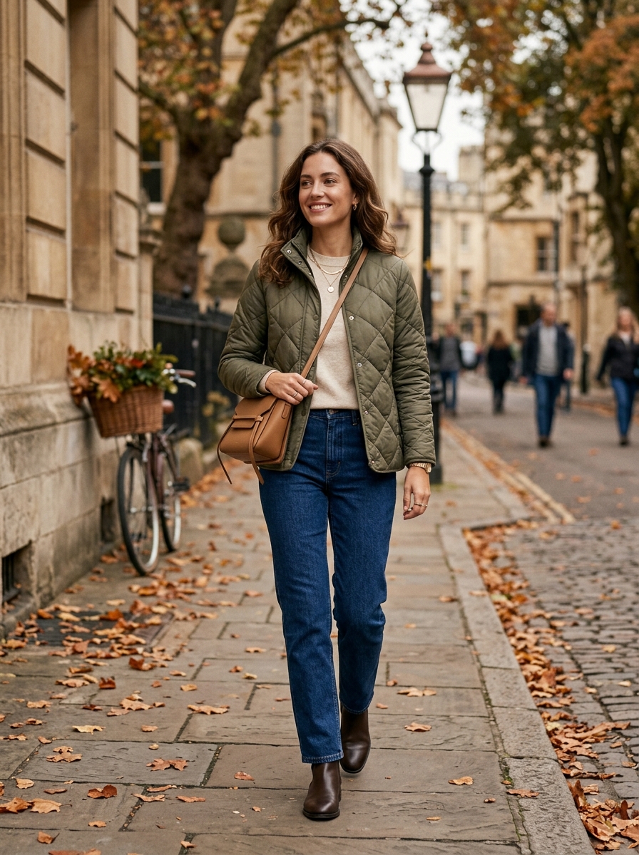 Quilted Jacket With Fine Knit and Straight Jeans