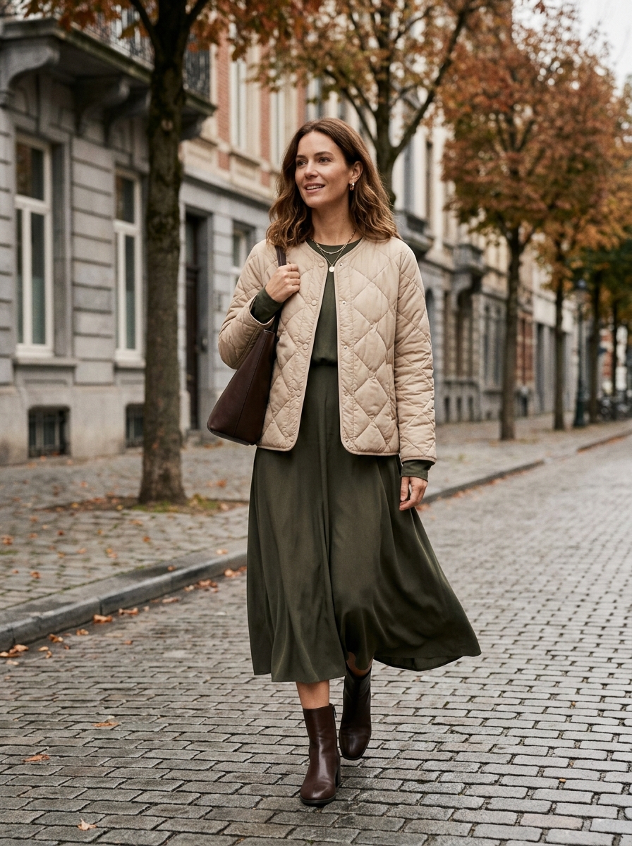 Quilted Jacket With Midi Dress and Ankle Boots