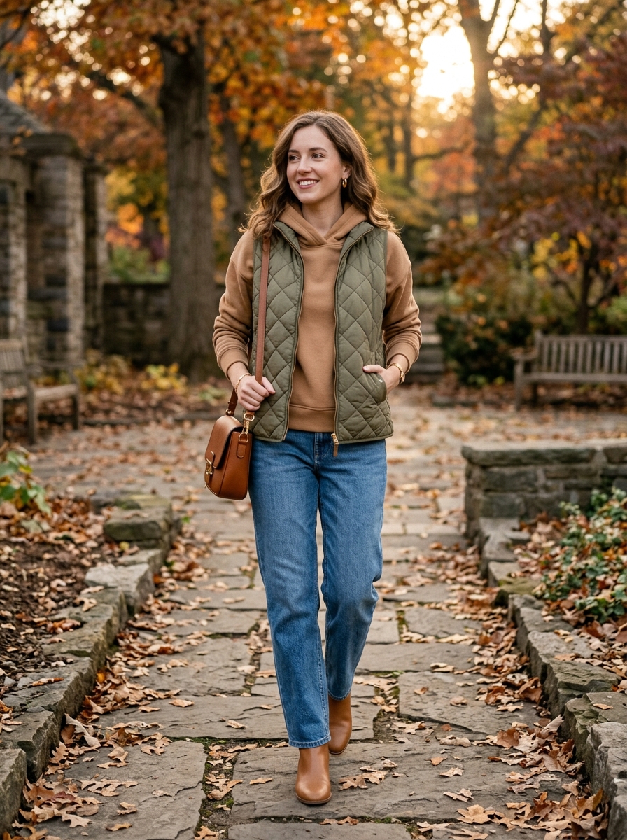 Quilted Vest With Hoodie and Relaxed Jeans