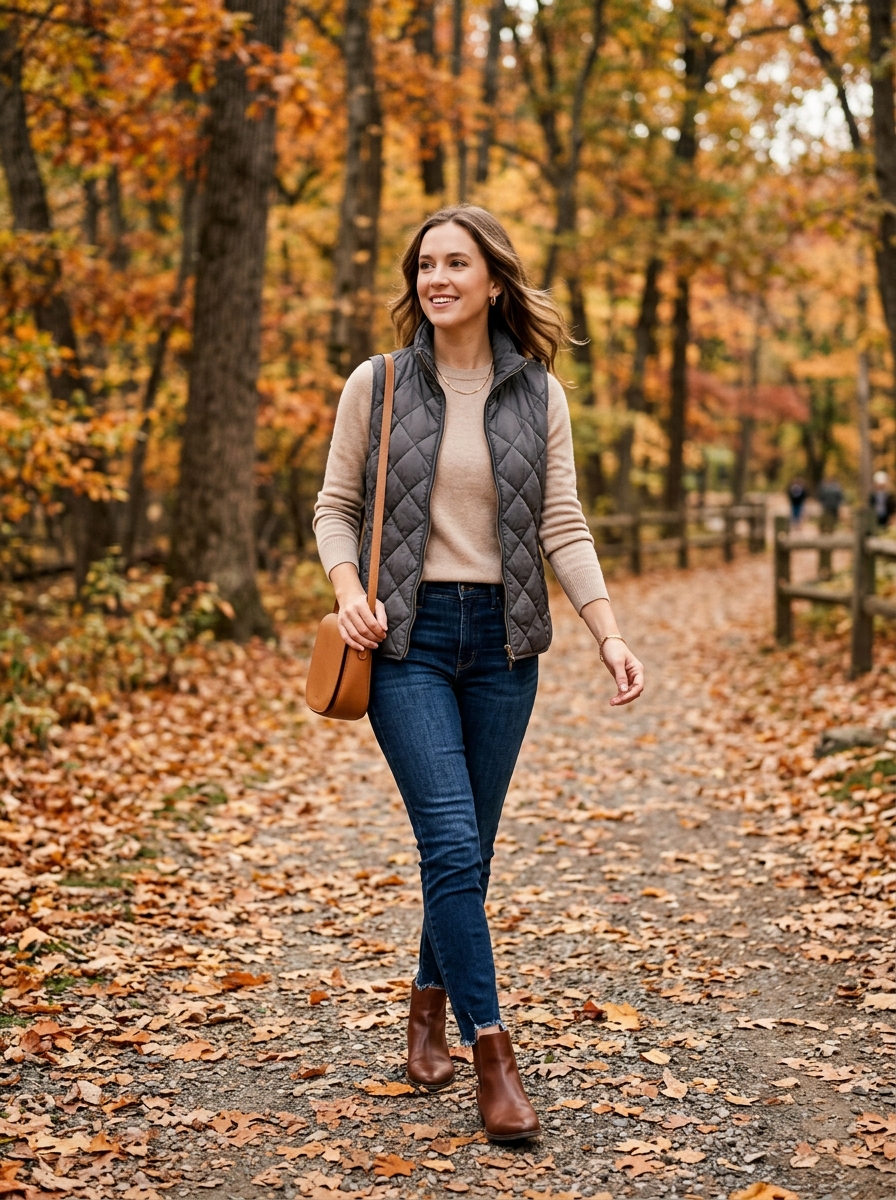 Quilted Vest With Sweater and Dark Denim