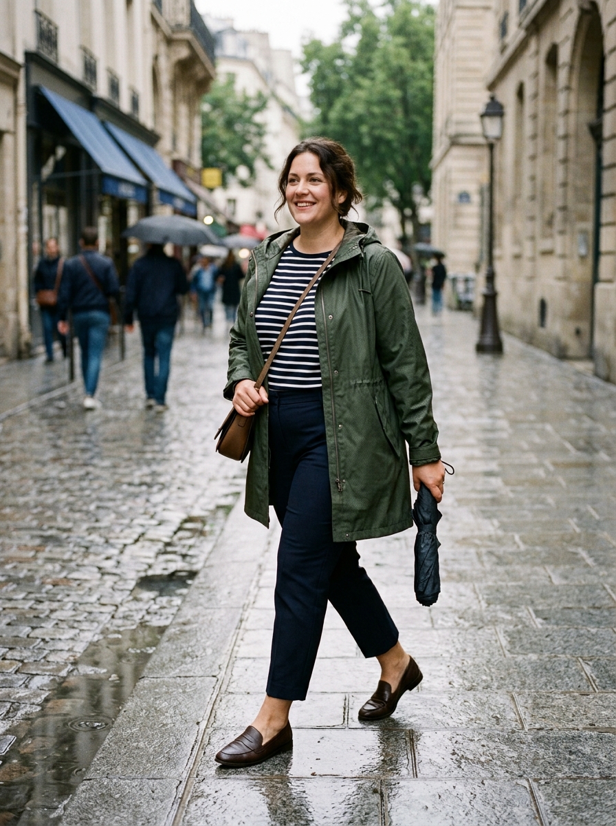 Raincoat With Striped Top and Cropped Trousers