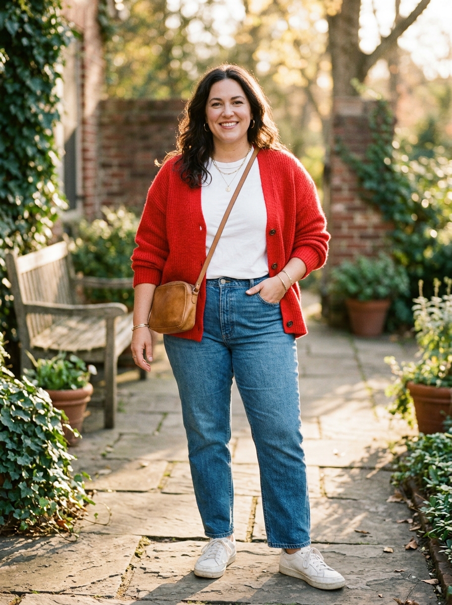 Red Cardigan With White Tee and Denim