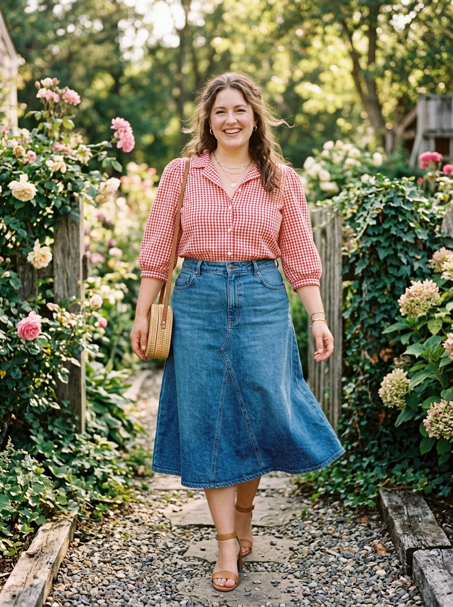 Red Gingham Blouse With Denim Midi Skirt