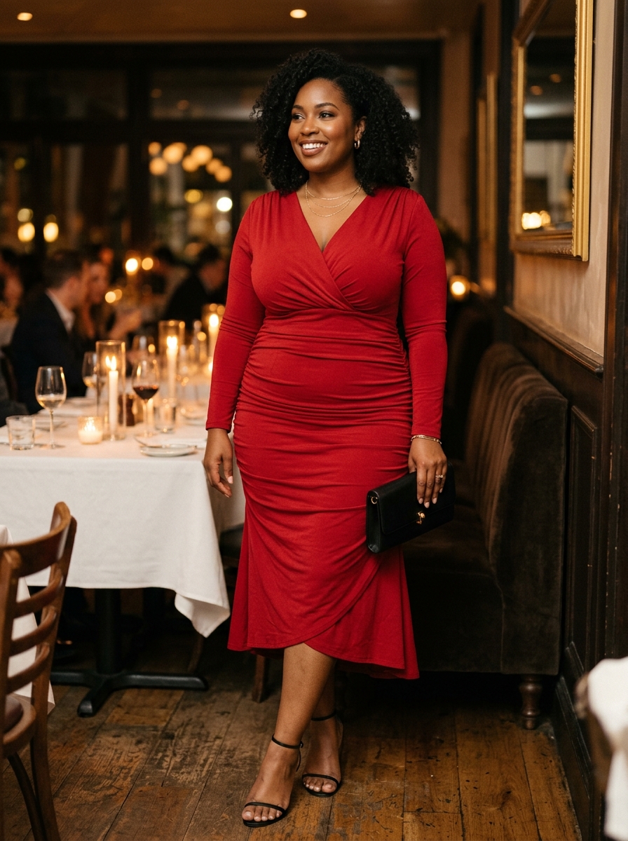 Red Ruched Midi Dress With Minimal Heels