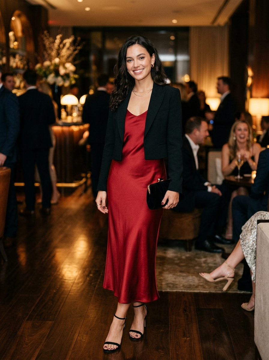 Red Satin Slip Dress With Cropped Jacket