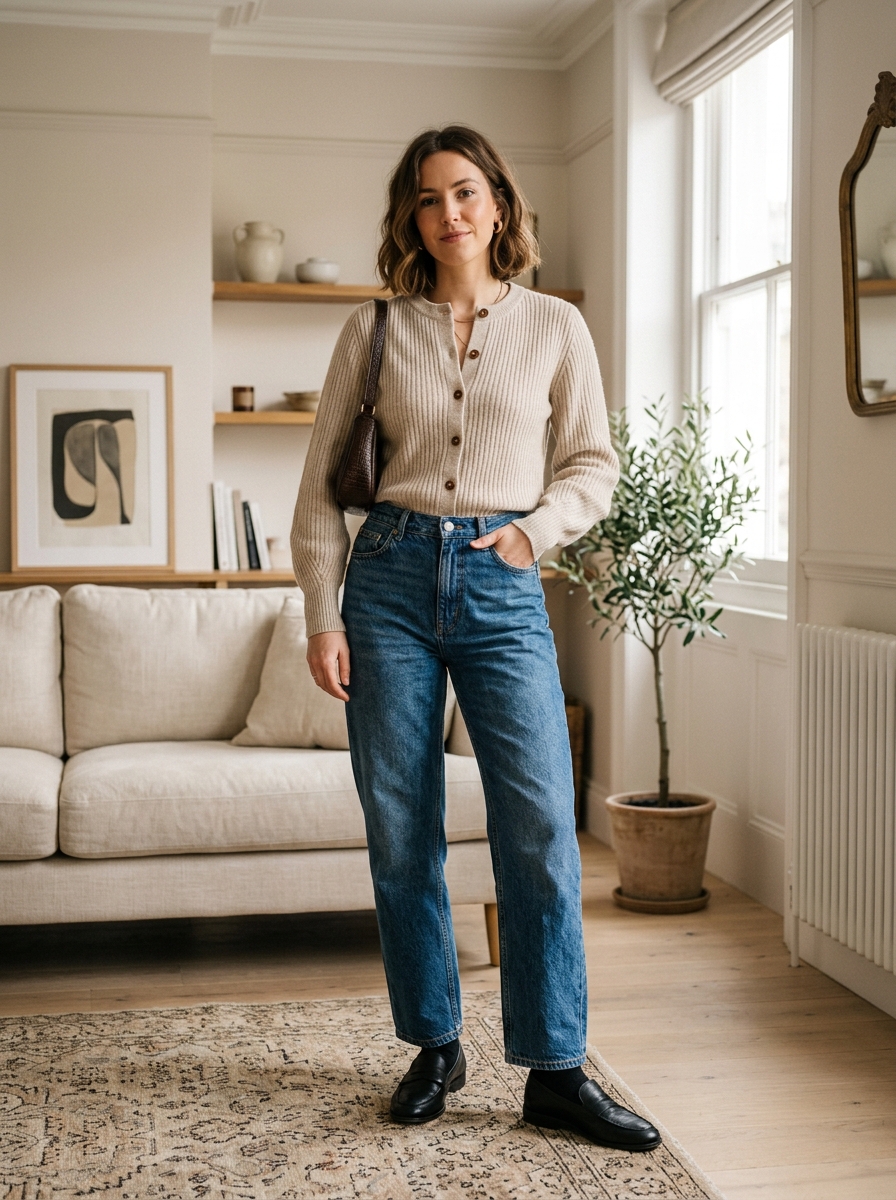 Ribbed Cardigan With High-Waisted Jeans