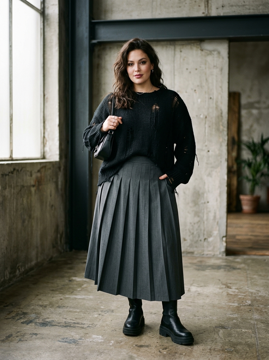 Ripped Knit Sweater With Pleated Midi Skirt