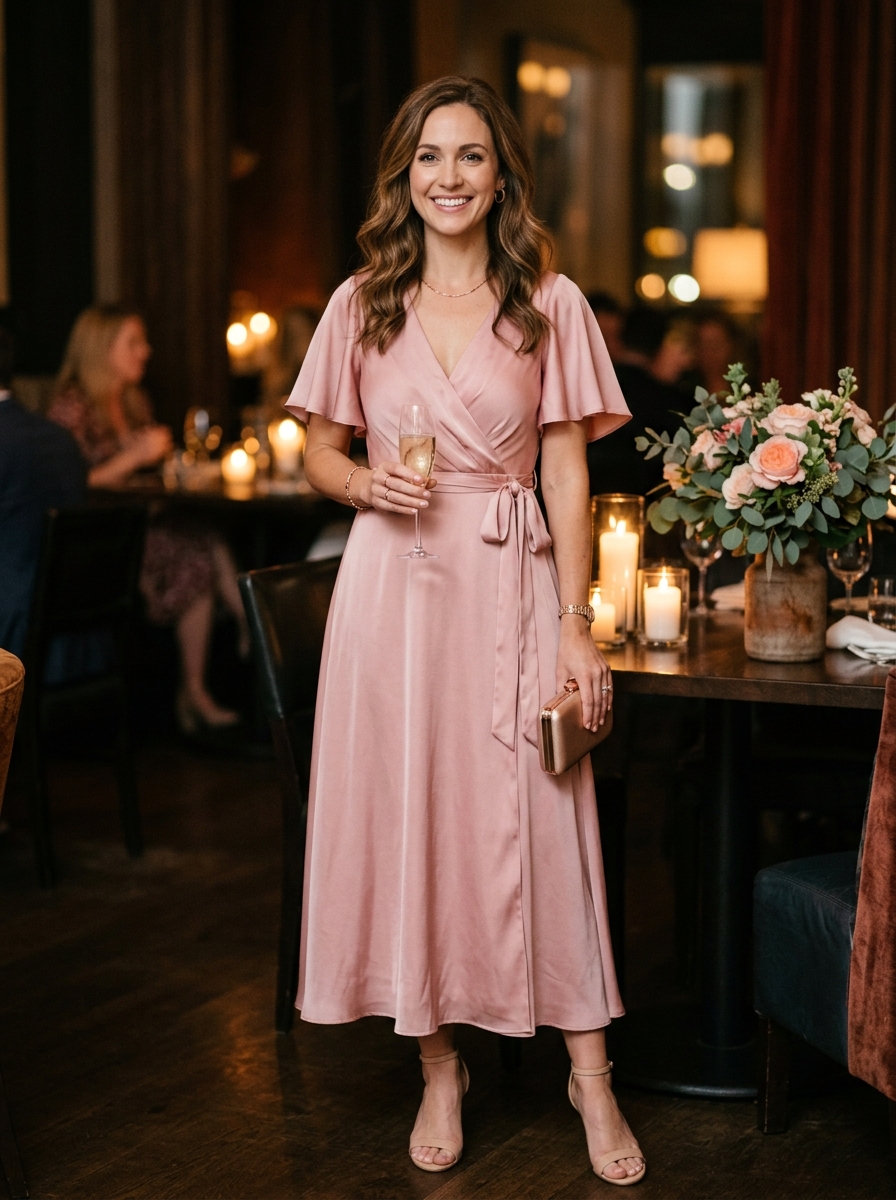 Rose Pink Faux-Wrap Dress With Flutter Sleeves